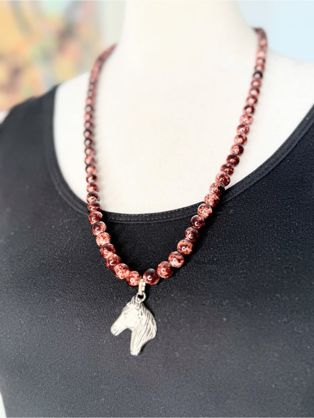 Horse Pendant Necklace Red Glass Beads Silver Tone Equestrian Boho 24”